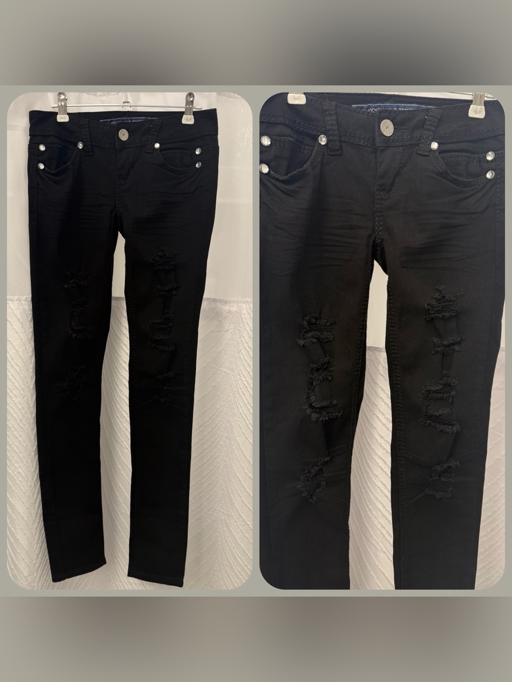Almost Famous Premium Black Ripped Skinny Jeans Bling Accents Buttons Low Rise 0